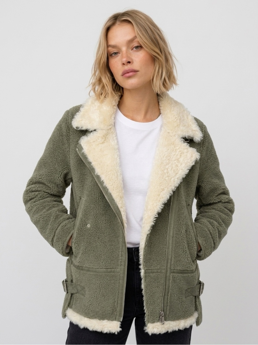 Meyimer Fashion Shearling
Biker Jacket Size 44 Green